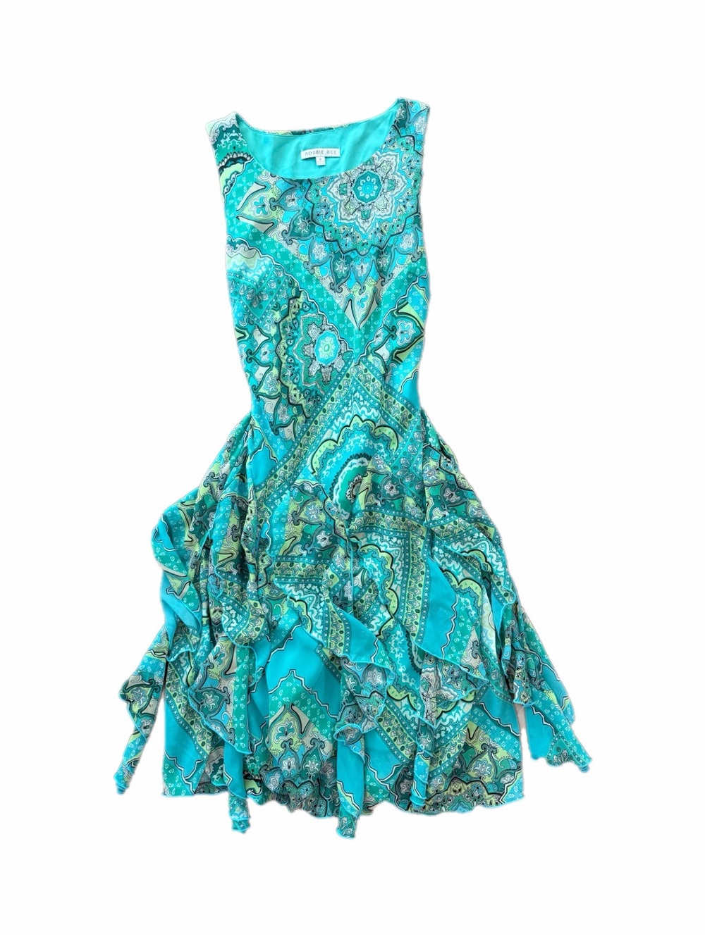 Y2K Fairycore Mermaid Paisley Robbie Bee Turquoise Handkerchief Hem Dress